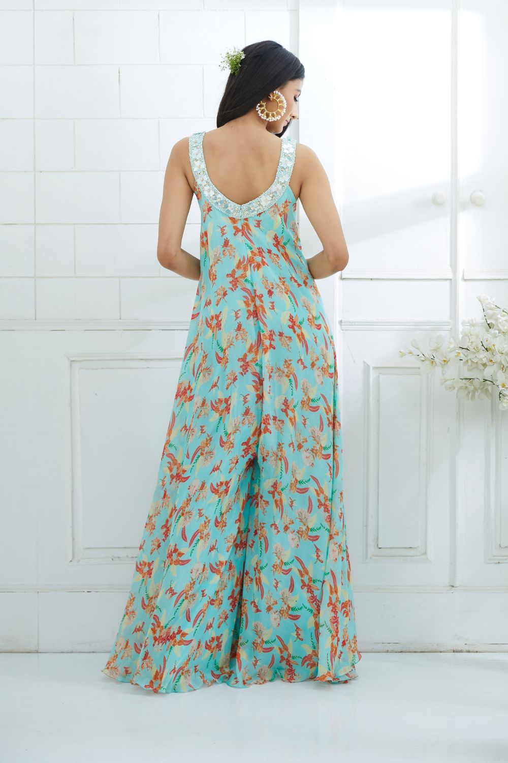 Aqua Printed Jumpsuit Embellished With Hand Embroidery
