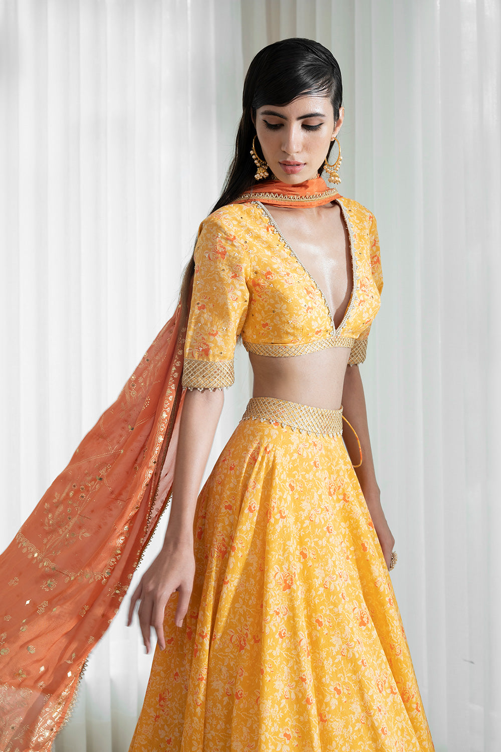 Printed Blouse And Lehnga Styled With Dupatta