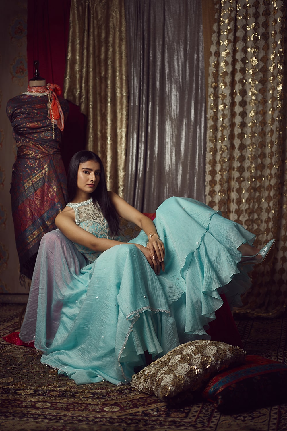 Aqua Anarkali with ivory thread embroidery and pearl embellishments