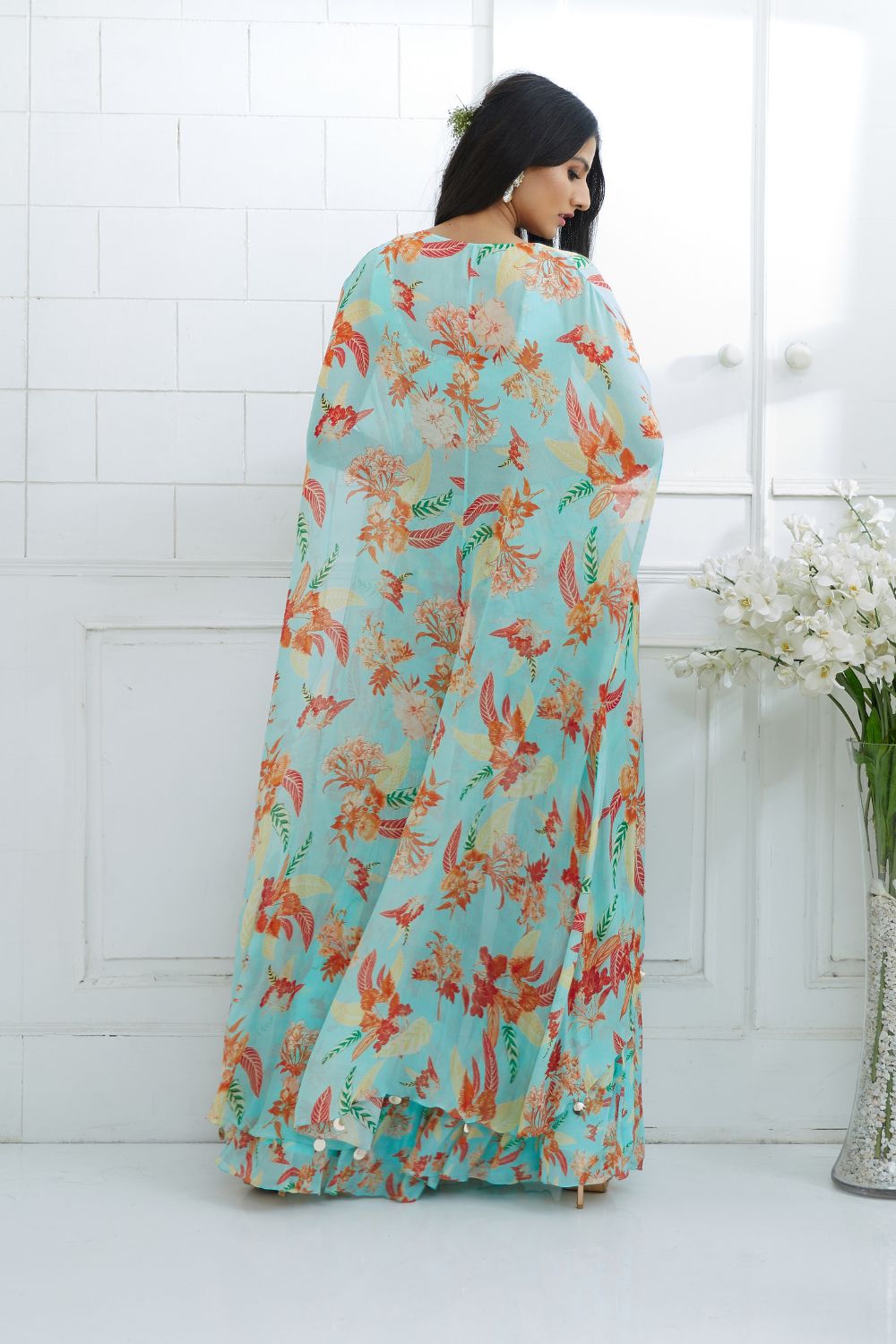 Aqua Embroidered Blouse With Printed Sharara And Cape