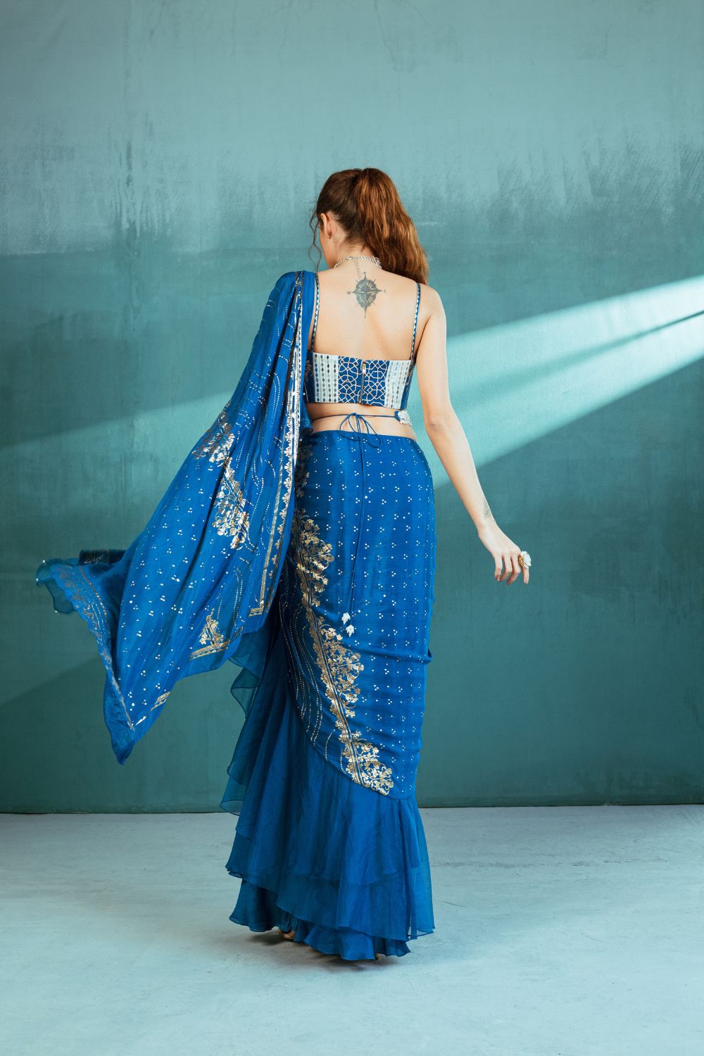 Blue Chiffon Draped Saree Set