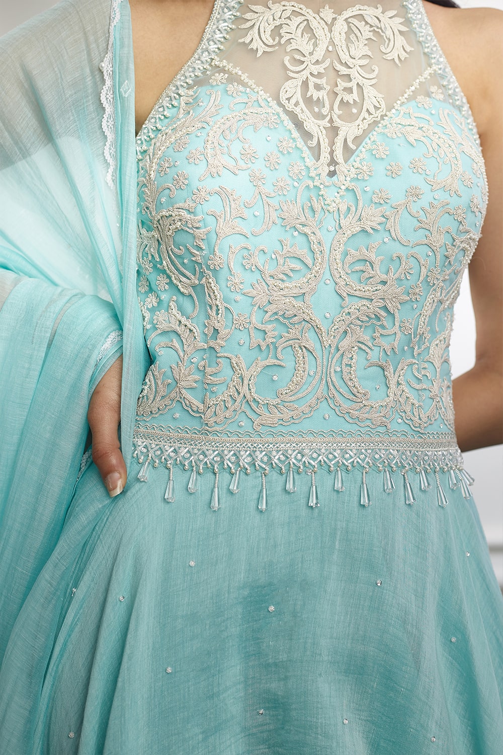 Aqua Anarkali with ivory thread embroidery and pearl embellishments