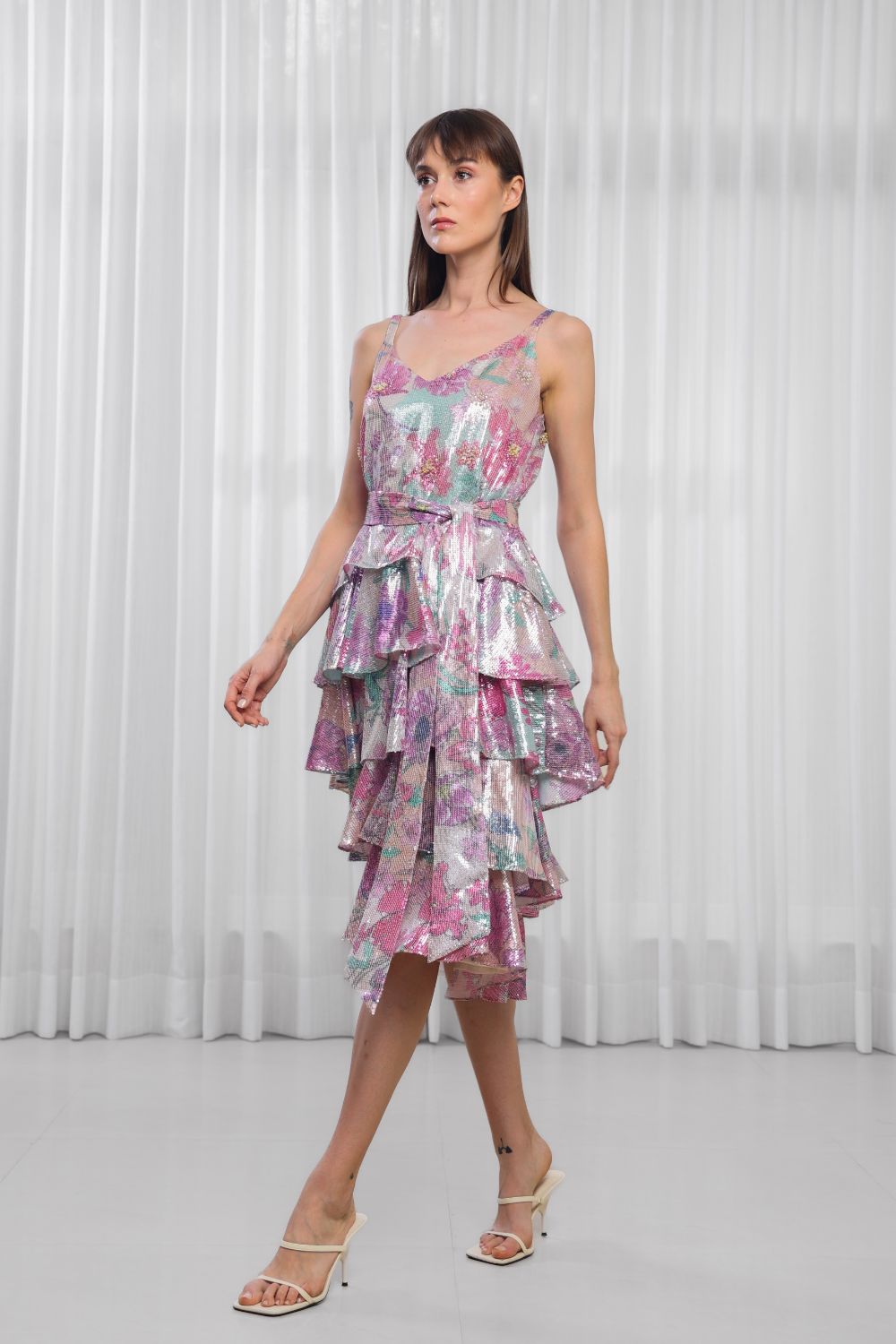 Hibiscus Printed Sequins Layered Dress