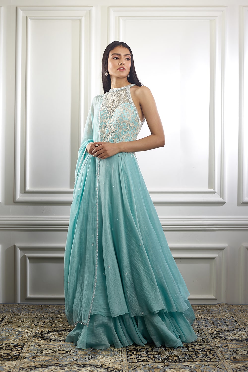 Aqua Anarkali with ivory thread embroidery and pearl embellishments