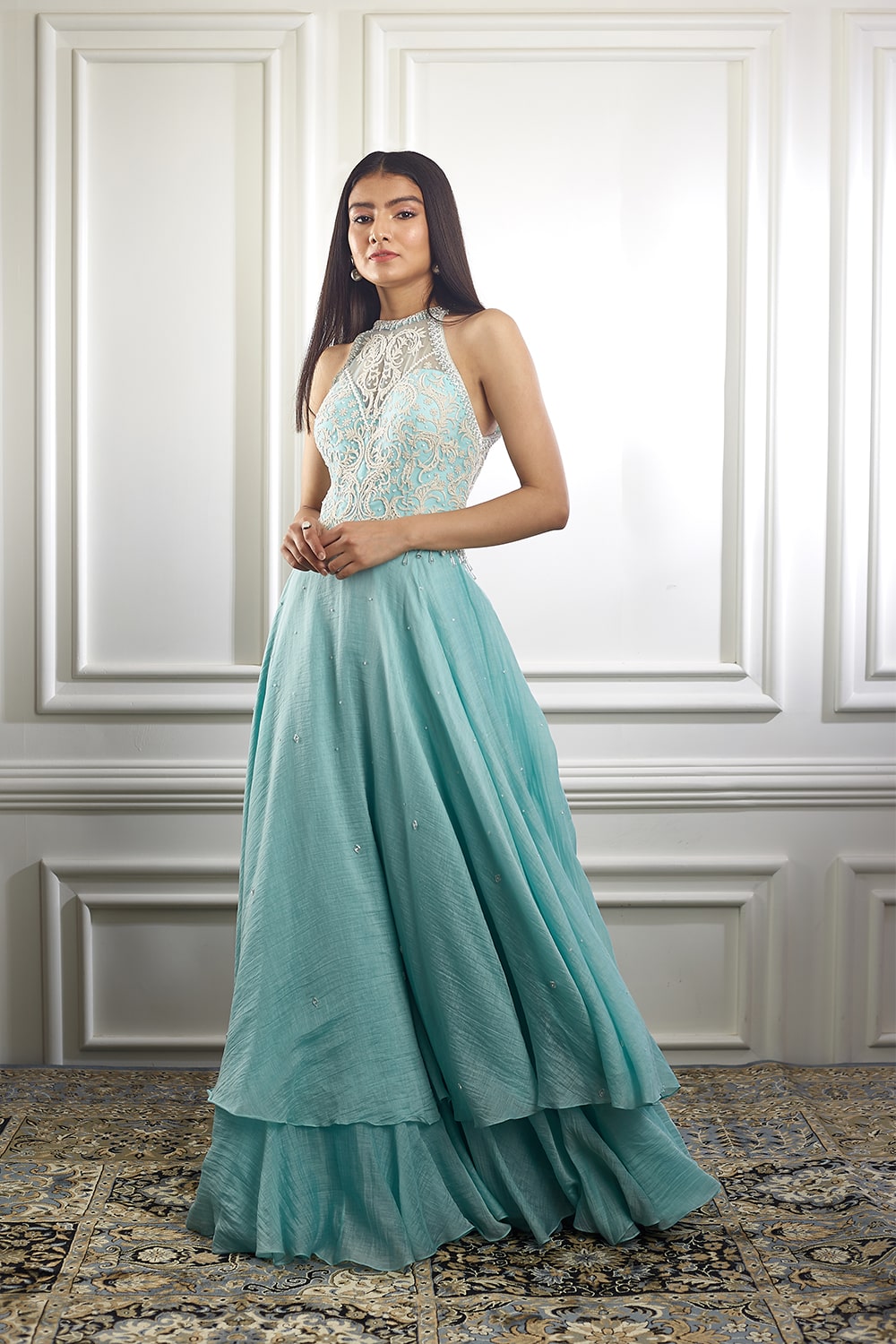 Aqua Anarkali with ivory thread embroidery and pearl embellishments