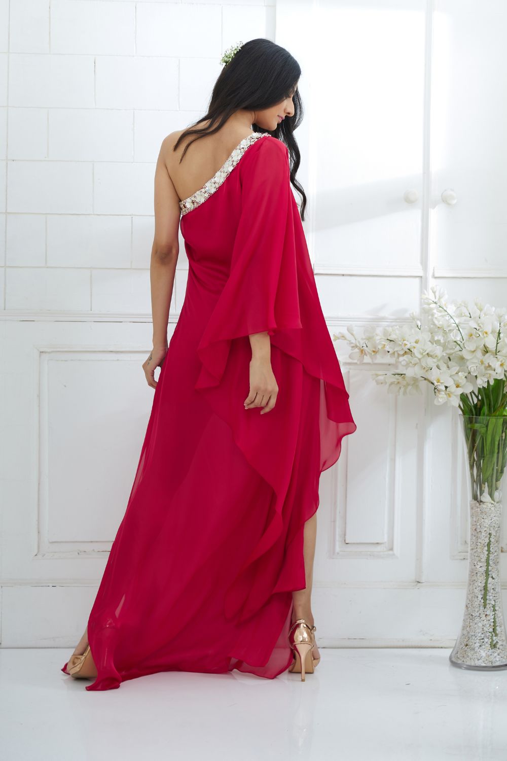 One Shoulder Rani Pink  Dress With Side Slit