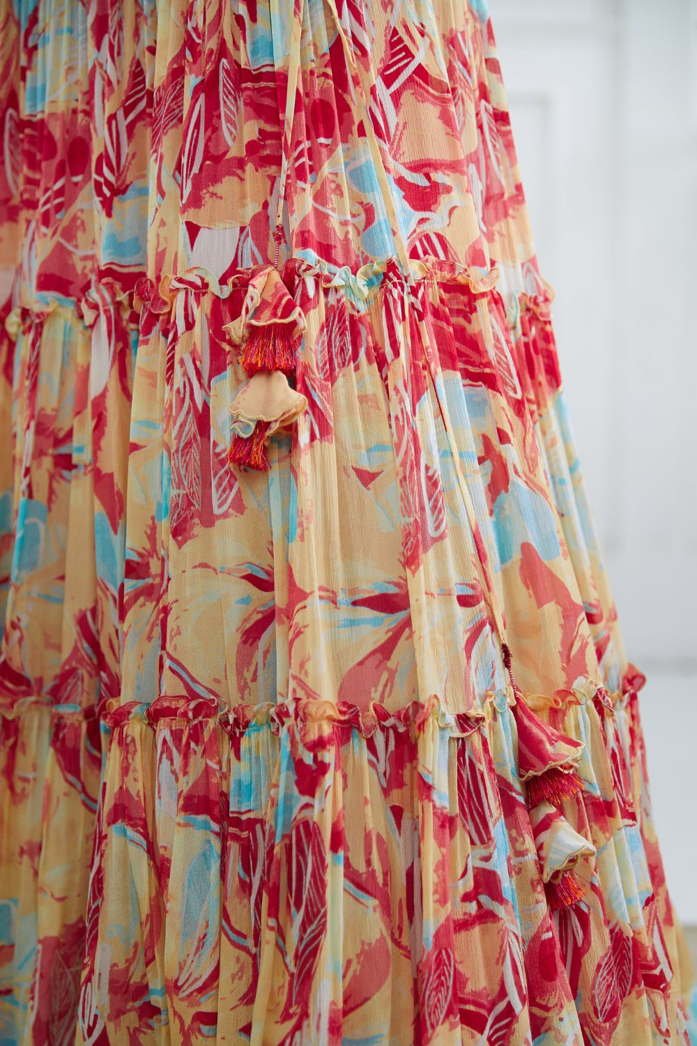 Multicolor Embroidered Top With Tiered Lehenga