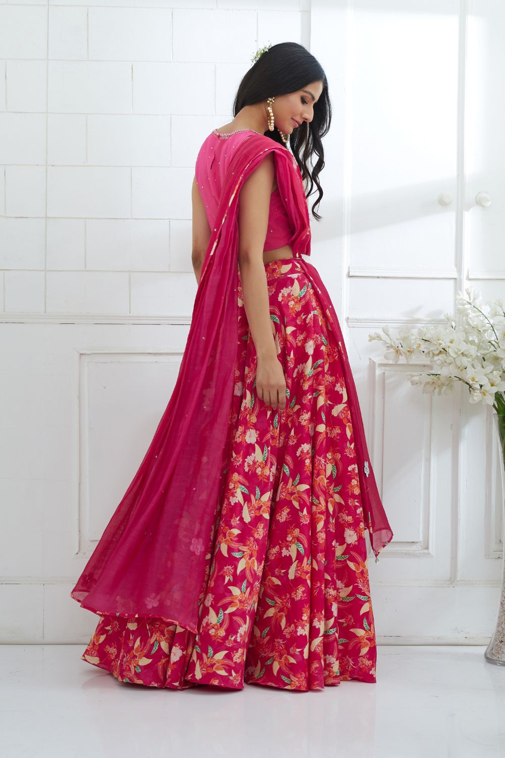 Fuchsia  Embroidered Blouse With Printed Lehenga And Ombre Dupatta