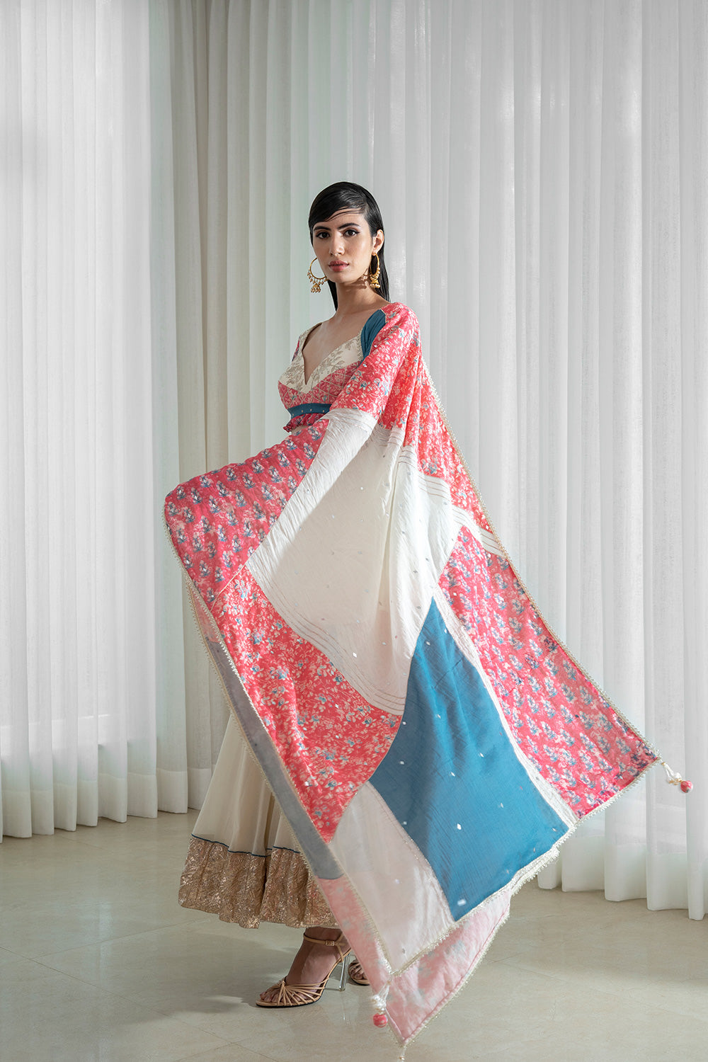 Printed Patchwork Blouse With Lehnga And Dupatta