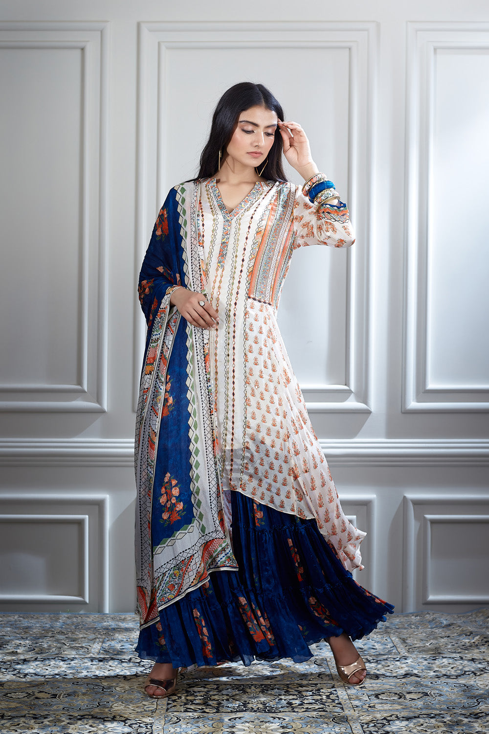 Ivory printed and mirror embellished tunic with sharara and dupatta