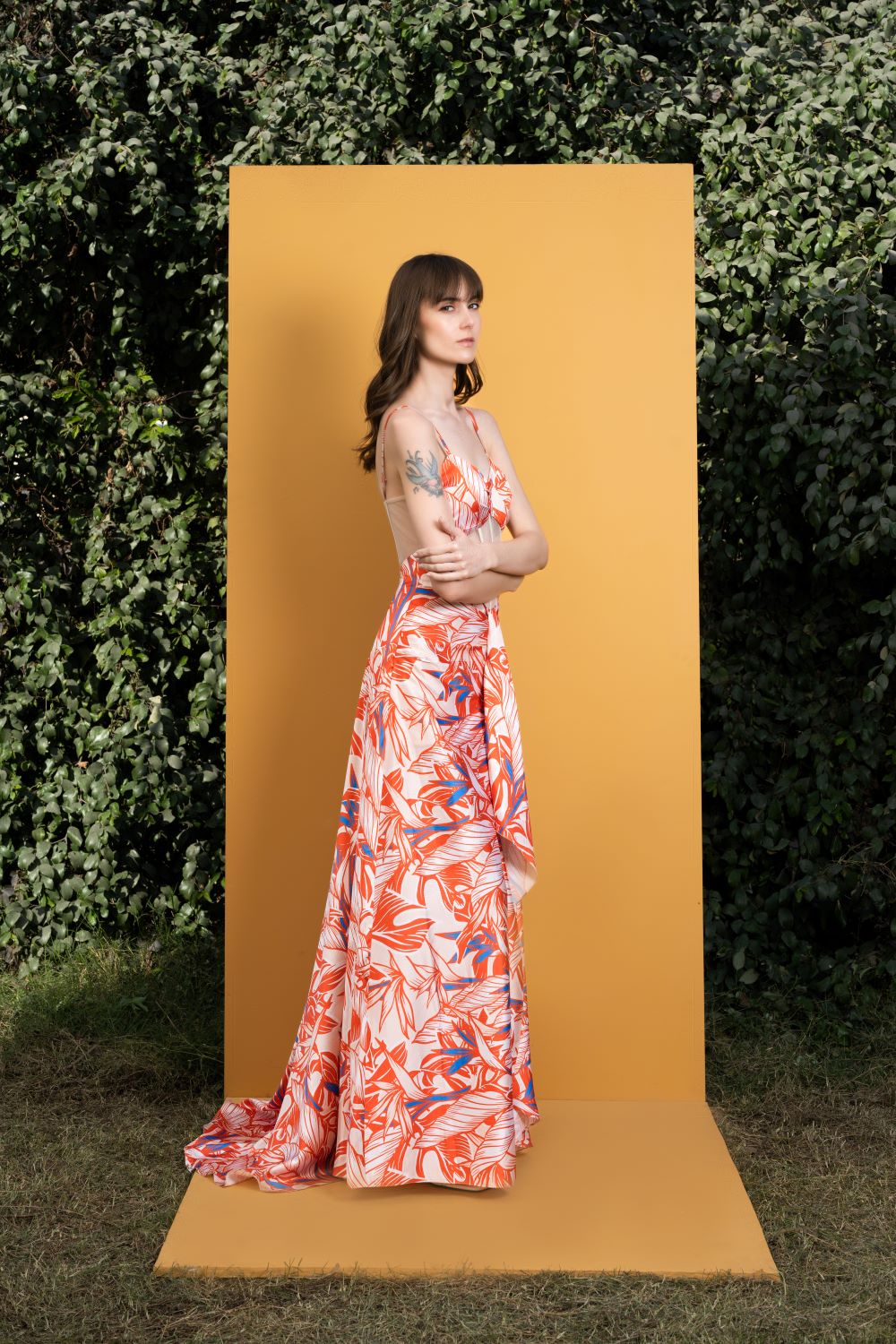 Willow Printed Satin long dress with boning