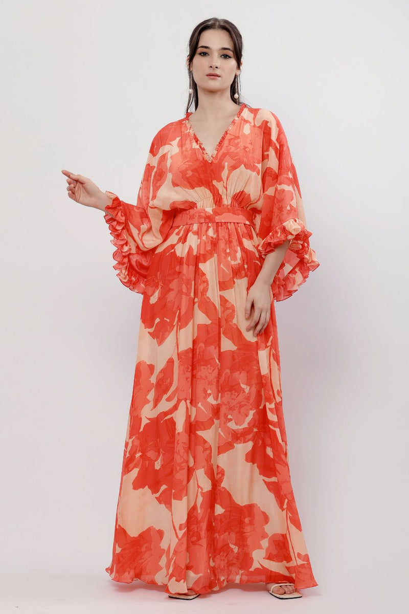 Blazing Saffron Kimono Style Maxi Dress