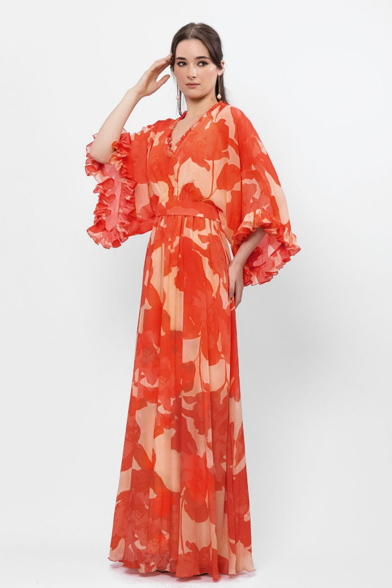 Blazing Saffron Kimono Style Maxi Dress