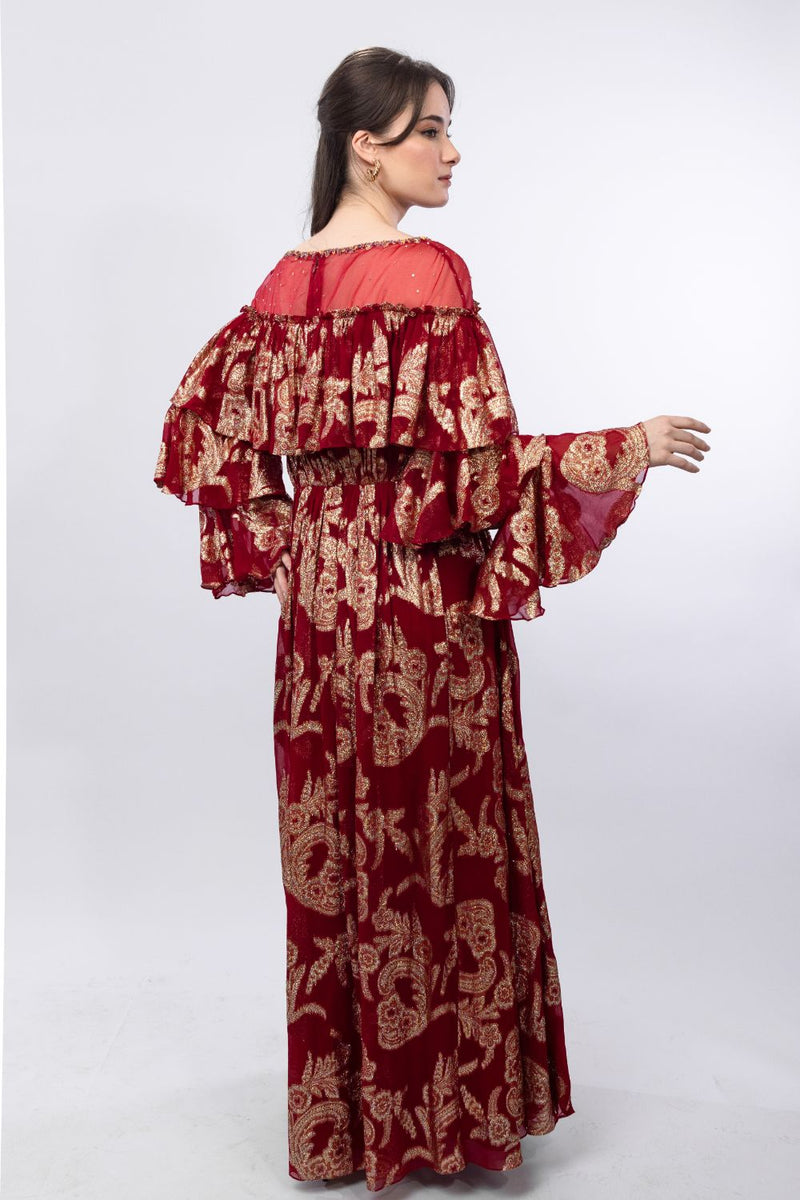 Red Ruffled Shoulder Maxi dress