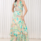 Tube Rose Printed High Low Dress With Laser Cut Detailing