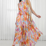 Hibiscus Printed Dress With High Neck Tie Up