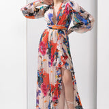 Ivory printed chiffon slit dress