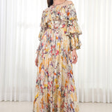 Autumn Leaves Printed Brasso Dress With Embroidered Neck Detailing