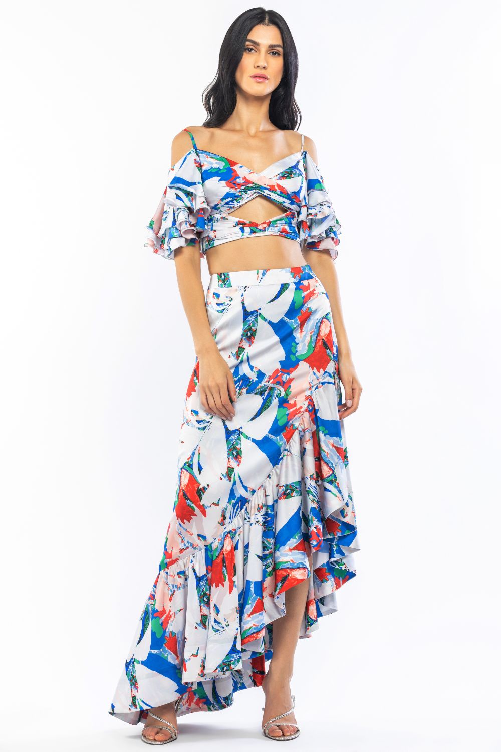 Satin Printed Flaired Sleeve Top With High Low Skirt #RTS