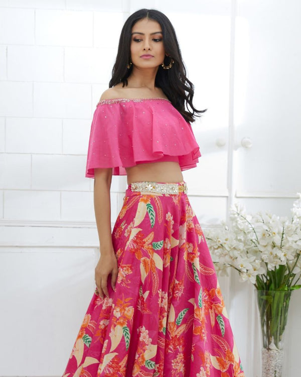 Off-shoulder Embroidered Lehenga Set