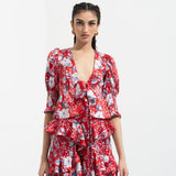 Ajisai Printed Front Tie Up Top With Skirt