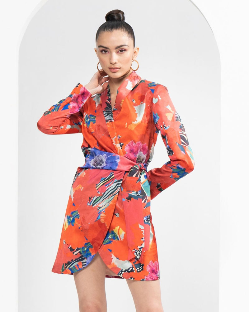 Satin Red Garden Printed Blazer Dress
