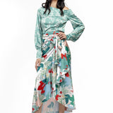Satin Printed Off Shoulder Top With Wrap Skirt