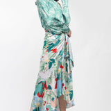 Satin Printed Off Shoulder Top With Wrap Skirt