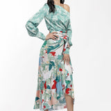 Satin Printed Off Shoulder Top With Wrap Skirt