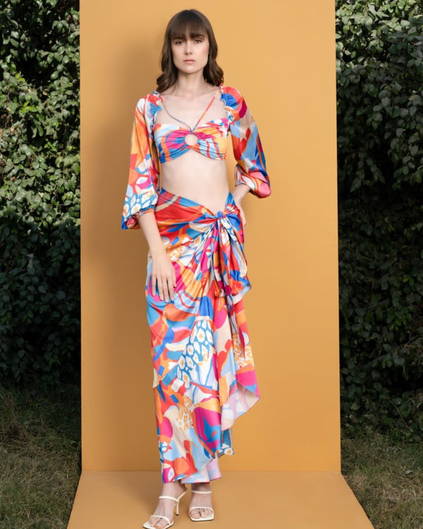 Pop abstract printed satin top & wrap skirt