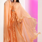 Salmon Pink Pleated Frilled Cape Gown