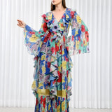 Blue hibiscus ruffle maxi dress