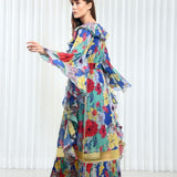 Blue hibiscus ruffle maxi dress