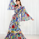 Blue hibiscus ruffle maxi dress