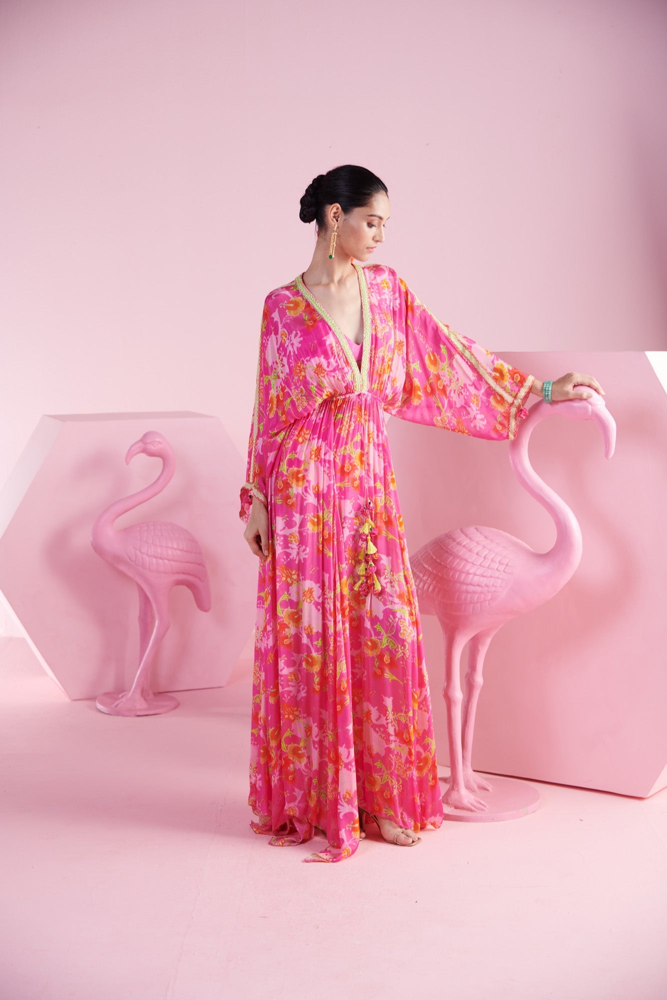 Floral Cluster Pink Kaftan Dress with Bralette and embroidery on the neck