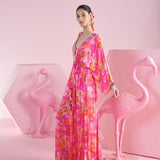 Floral Cluster Pink Kaftan Dress with Bralette