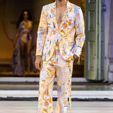 Yellow Cotton Satin Lycra Printed Designer Blazer Set
