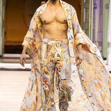 Yellow Chiffon Flared Jacket With Gold Chunk Emb