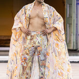 Yellow Chiffon Flared Jacket With Gold Chunk Emb