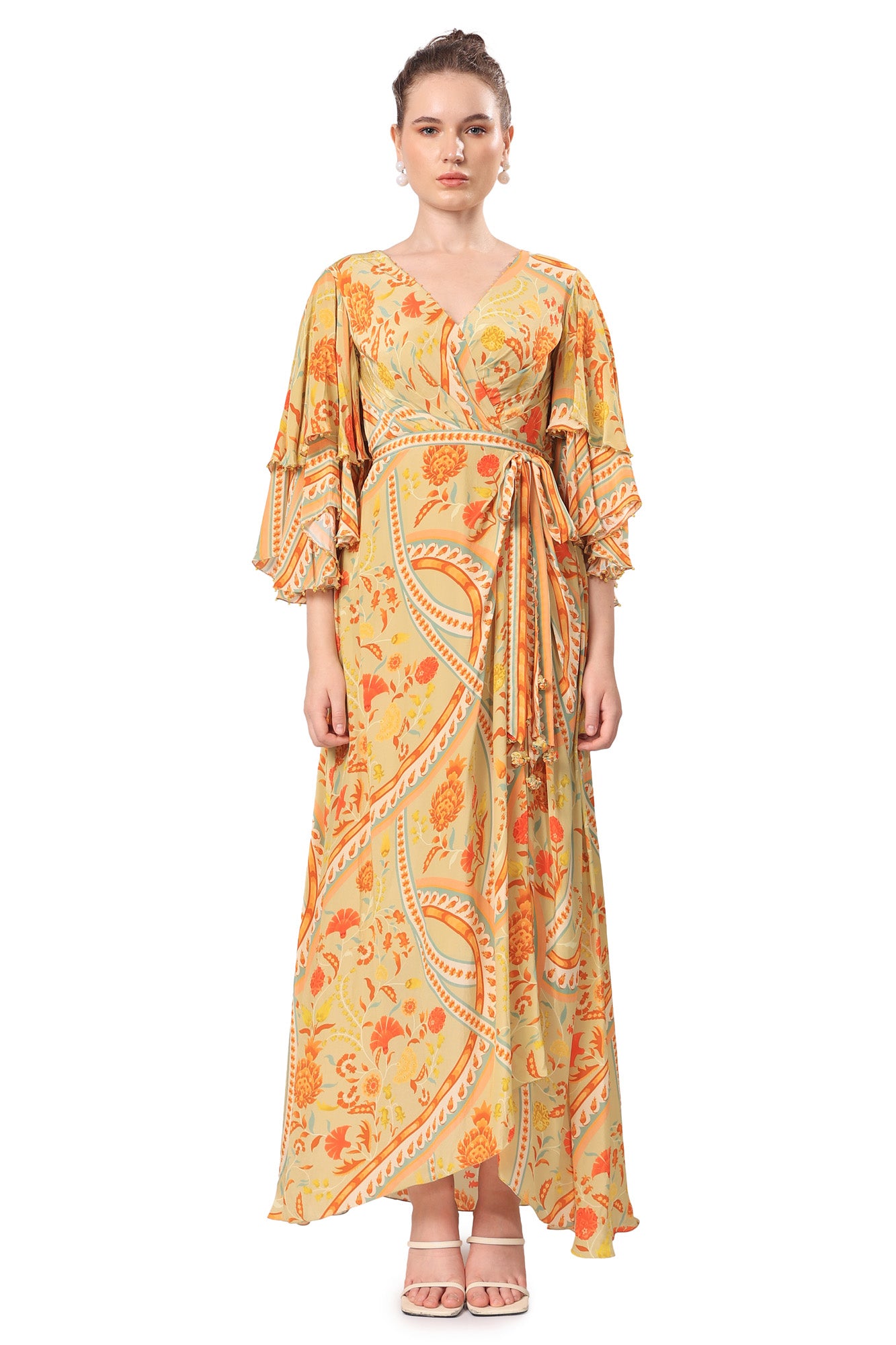 Ochre Yellow Geometric Floral Printed Long Dress