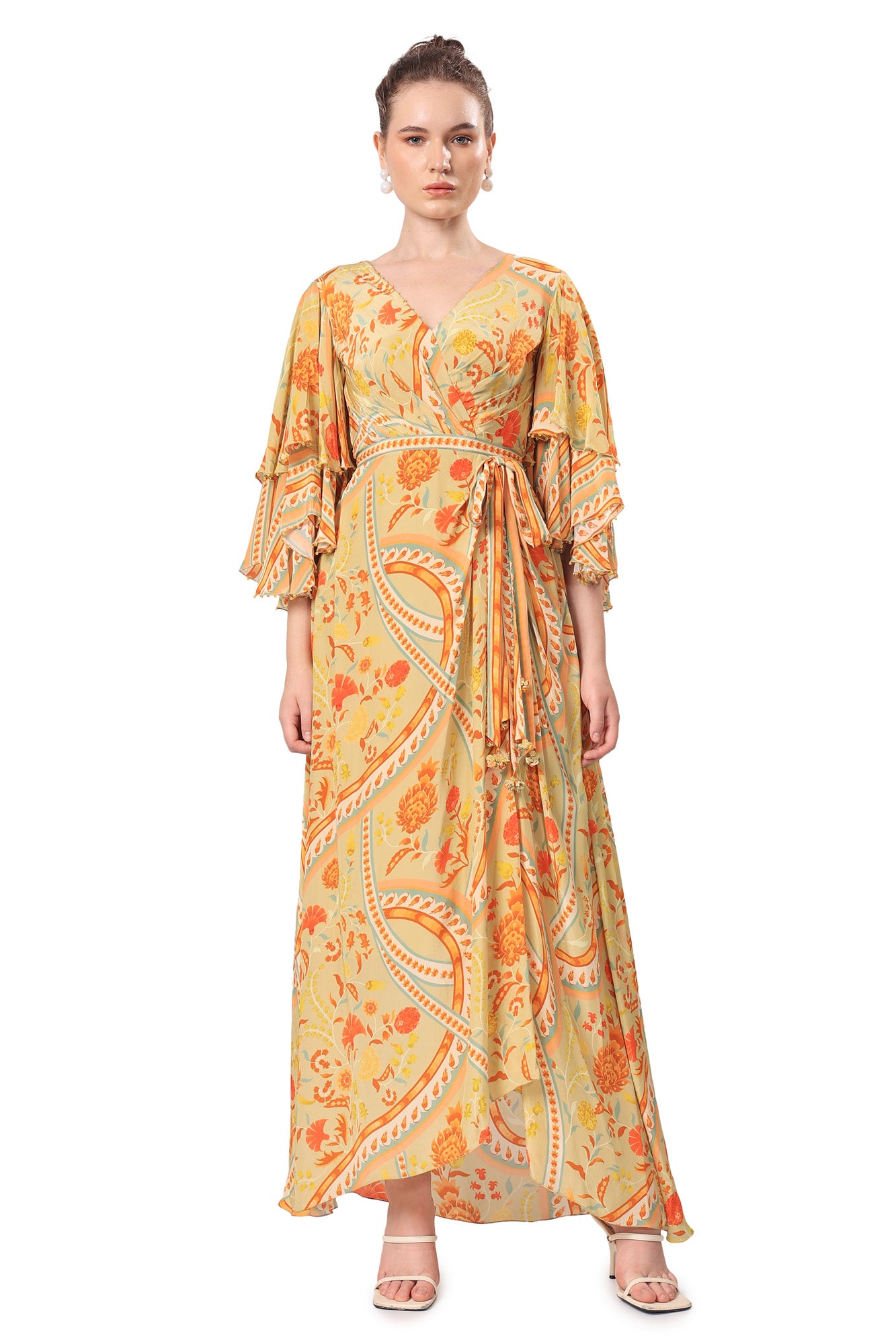 Ochre Yellow Geometric Floral Printed Long Dress