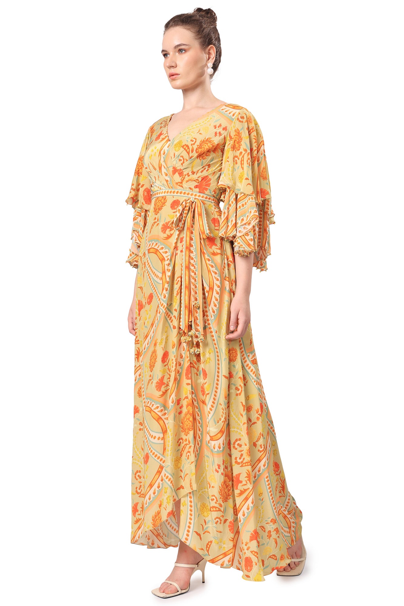 Ochre Yellow Geometric Floral Printed Long Dress