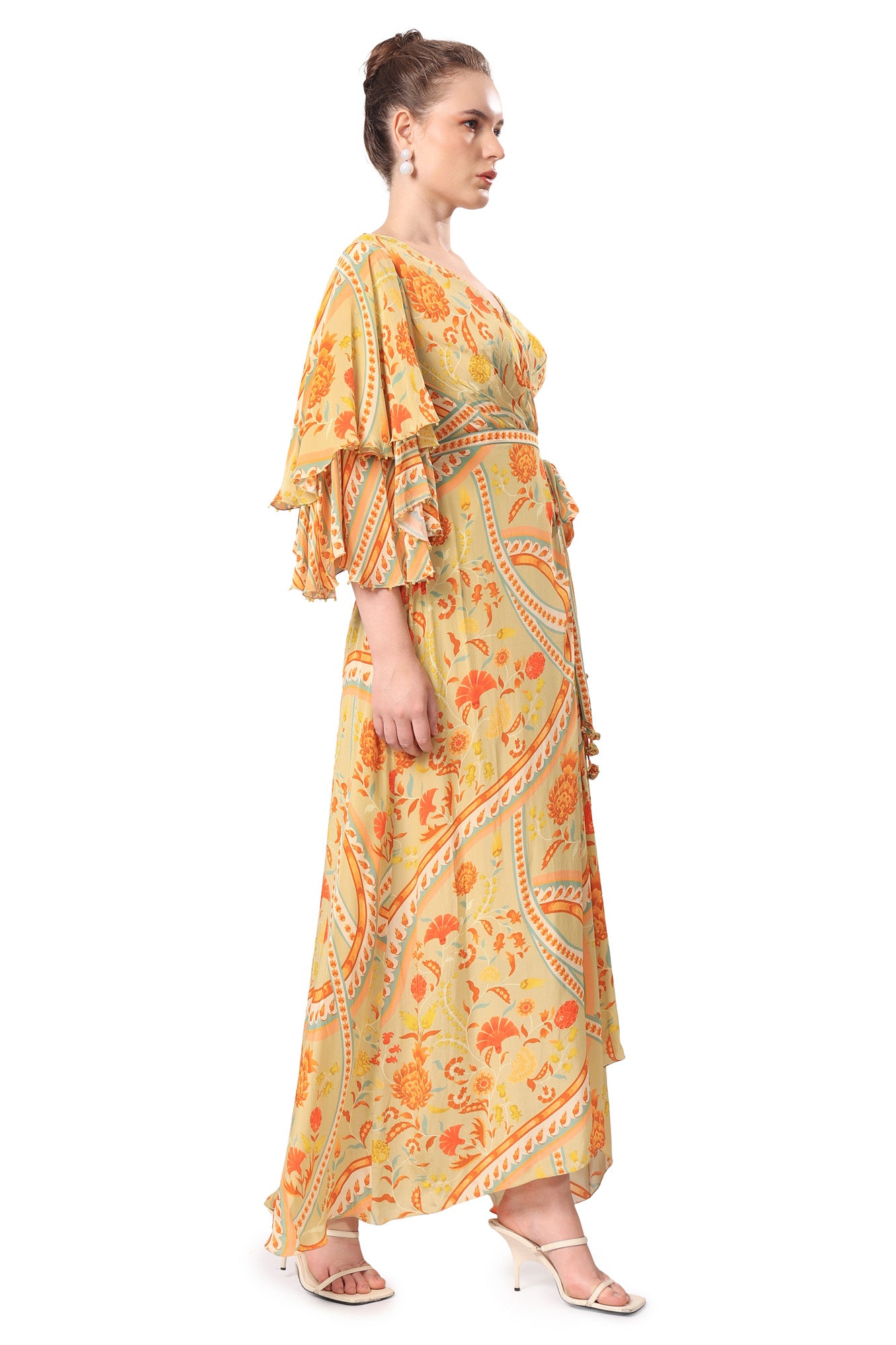 Ochre Yellow Geometric Floral Printed Long Dress