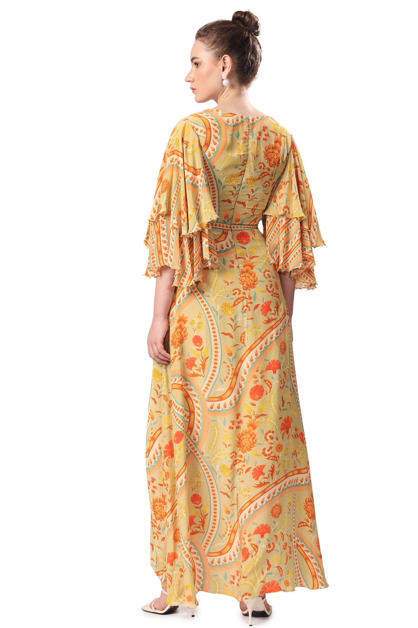 Ochre Yellow Geometric Floral Printed Long Dress