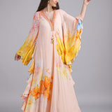 Peach Floral Faux Printed Kaftan Dress