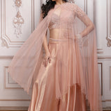 Blush Peach Co-ord Ensemble With Embroidered Blouse And Cape