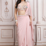 A Pastel Pink Drape Saree With A Hand Embroidered Blouse