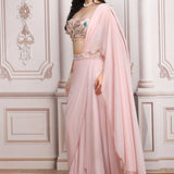 A Pastel Pink Drape Saree With A Hand Embroidered Blouse