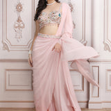 A Pastel Pink Drape Saree With A Hand Embroidered Blouse