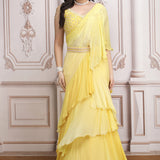 Soft Yellow Layered Lehenga Set With Embroidered Blouse